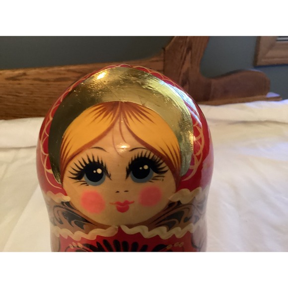 Russian Nesting Doll Wooden  5 Piece‎ Complete Preowned Red Floral Handpainted - Picture 10 of 10